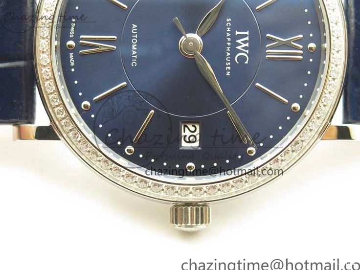 MIROTIME 1224 Portofino 37mm SS V7F 1:1 Best Edition Blue Dial Diamonds Bezel on Blue Leather Strap A Chic 7093
